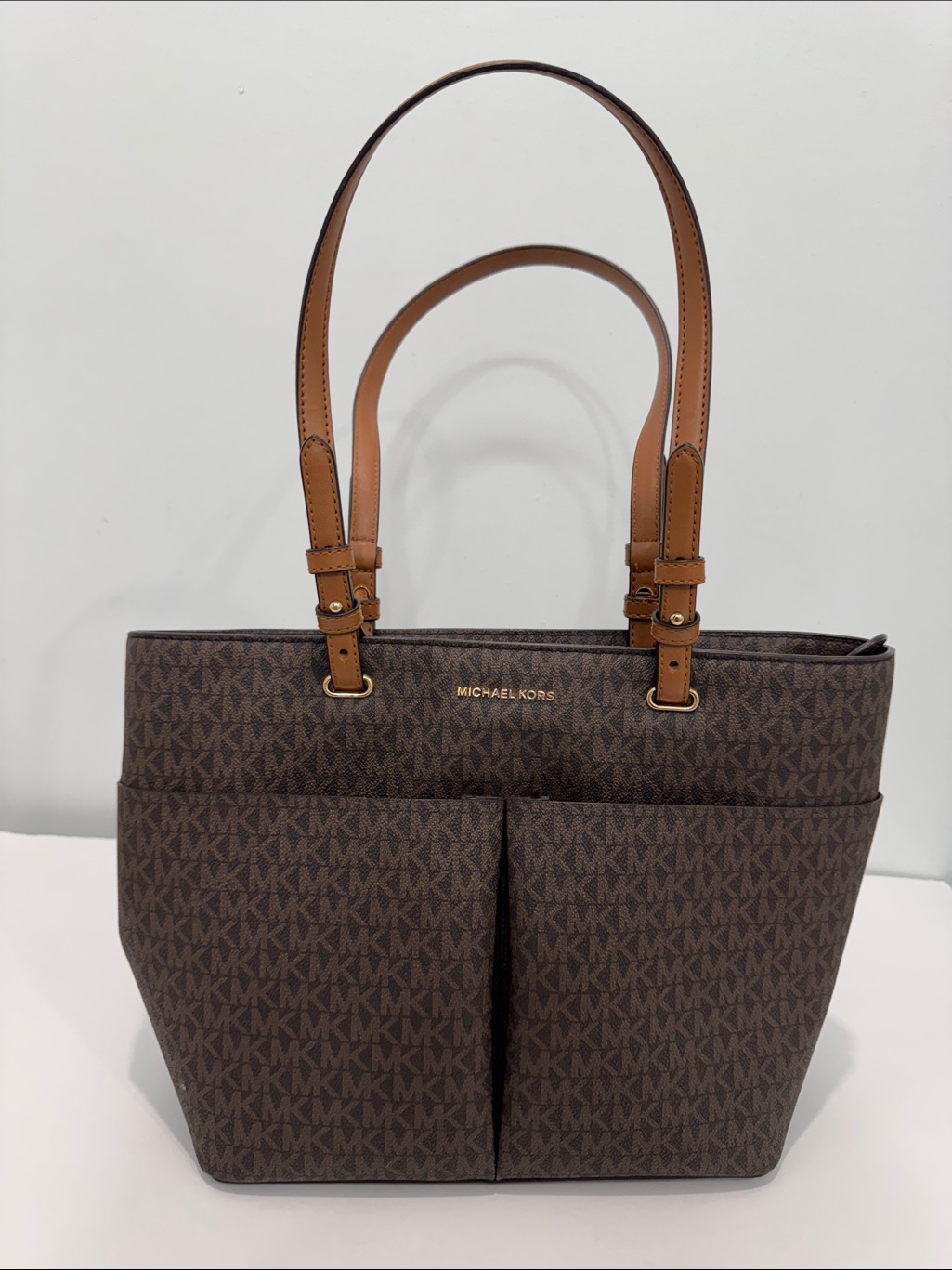 Michael Kors Brown Monogram Tote With Tan Leather Handles